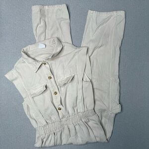 Zara Girls Cargo Jumpsuit Cream Ecru Button Short Sleeve Size 11-12